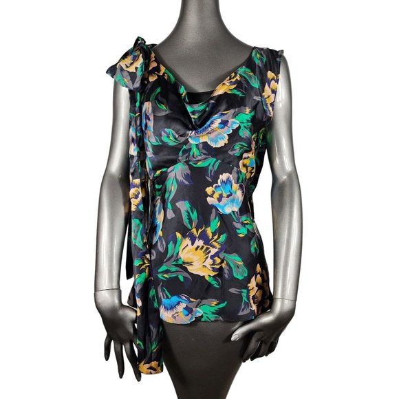 Diane von Furstenburg NWT Floral Shoulder Knot Bow Top Black Green DVF xs P - Picture 3 of 8